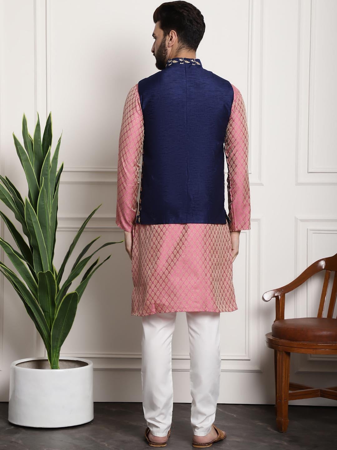 Sojanya Men Pink Ethnic Motifs Kurta with Pyjamas & Nehru Jacket | Swadesiicart