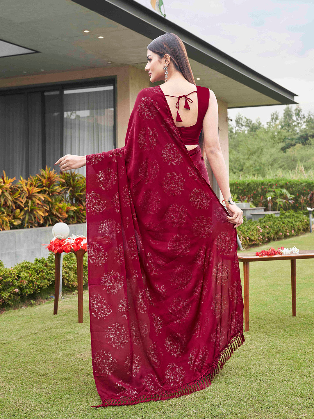 Tikhi Imli Embellished Half and half Satin Saree With Tassels | Swadesiicart