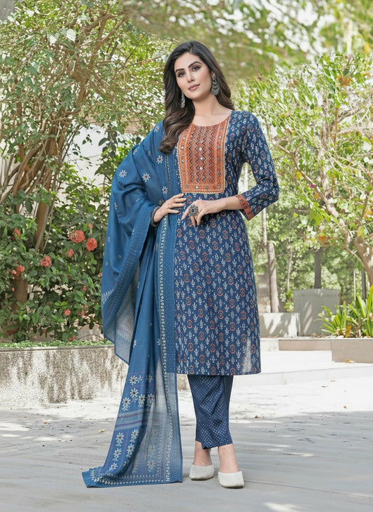 BulBul Aaliya Navy Cotton Kurta Set with Dupatta - Swadesiicart