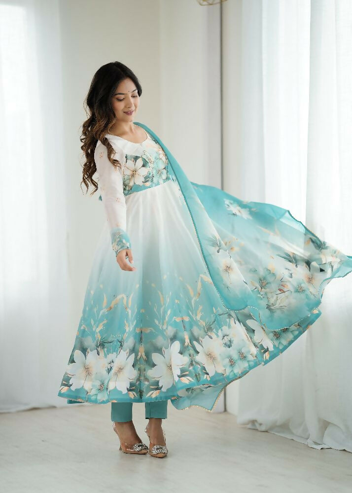 Joban Fashion Aqua Blue Kurta Set Organza Sequin Embroidery Work - Swadesiicart