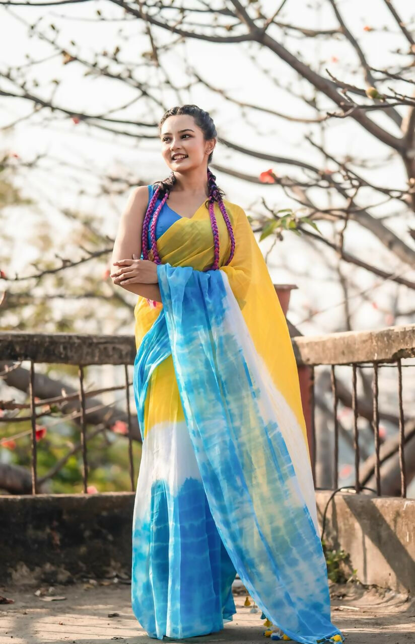 Exclusive Collection Yellow Blue Beautiful Super Soft Most Comfortable Pure Mul Cotton Saree - Swadesiicart