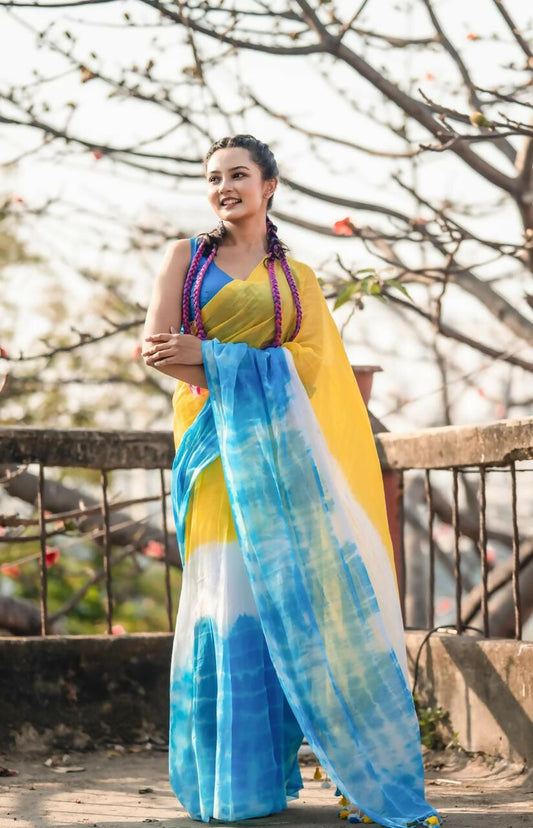 Exclusive Collection Yellow Blue Beautiful Super Soft Most Comfortable Pure Mul Cotton Saree - Swadesiicart