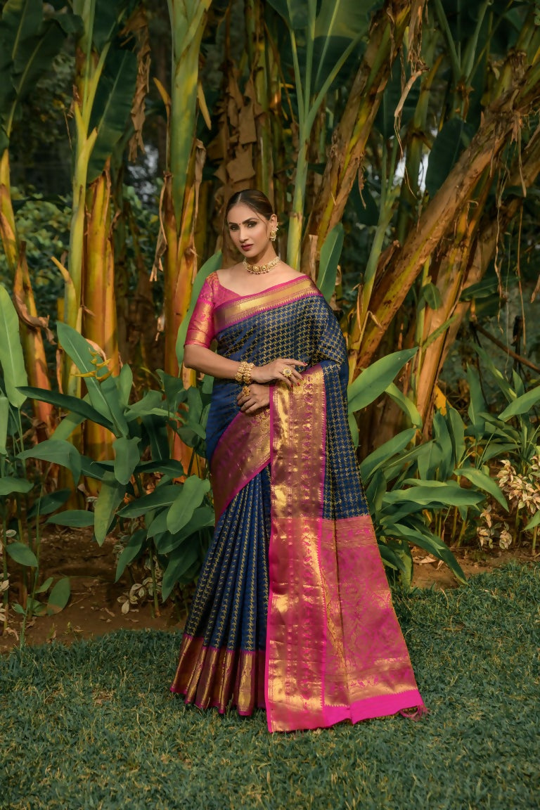 Jyoti Fashion Women's Navy Blue Kanjivaram Silk Zari Woven Saree with Blouse | Swadesiicart