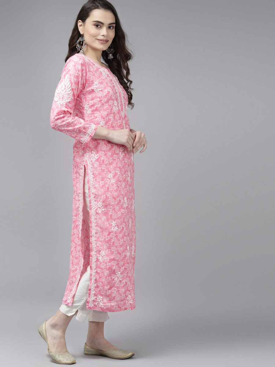 ADA Women Pink & White Floral Chikankari Cotton Handloom Kurta | Swadesiicart