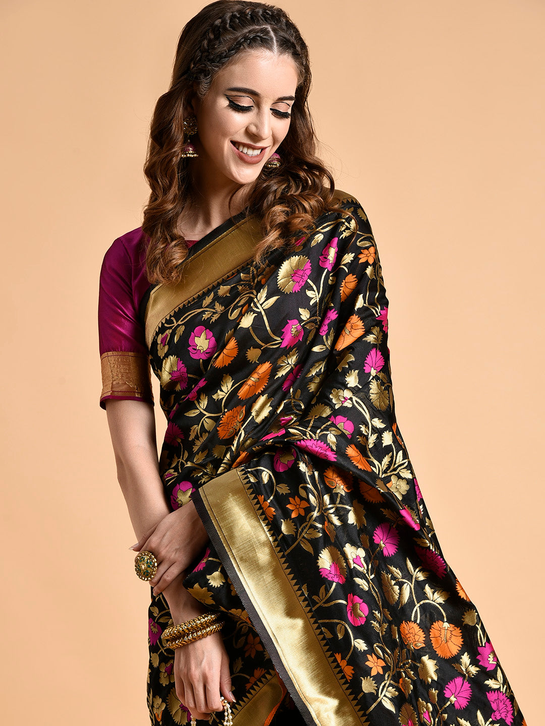 Sangria Black & Pink Floral Zari Silk Blend Banarasi Saree | Swadesiicart