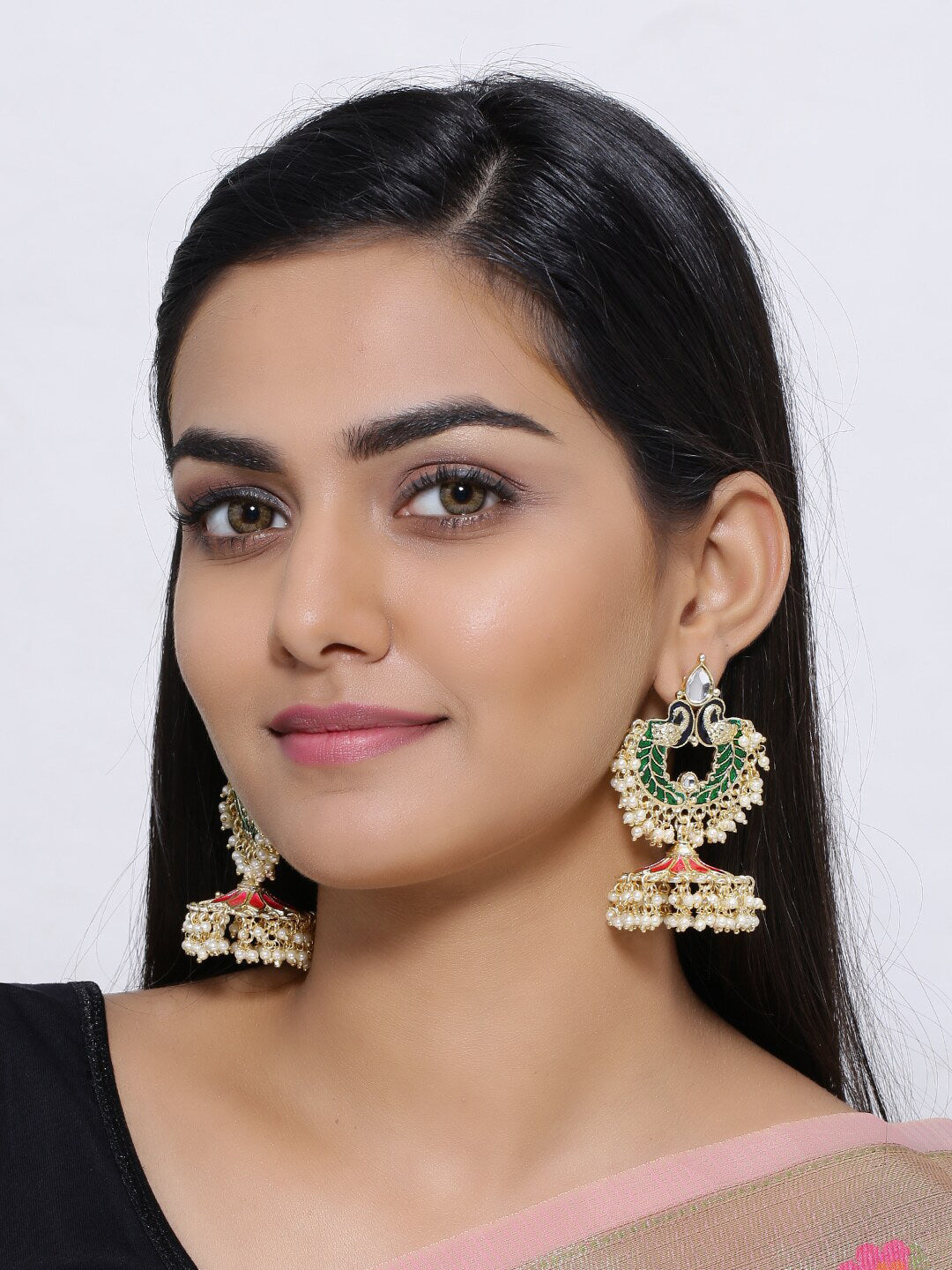 Shoshaa Gold-Polished Green Enamelled Peacock Shaped Jhumkas | Swadesiicart