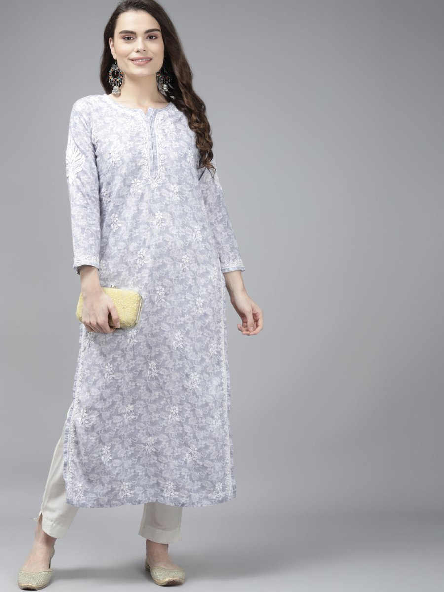 ADA Women Grey & White Floral Chikankari Cotton Handloom Kurta | Swadesiicart