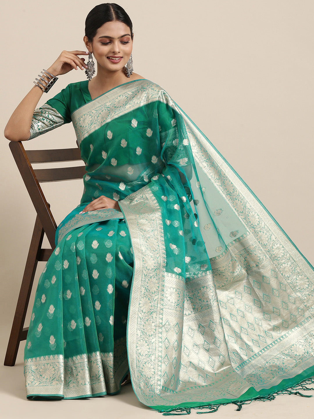 Saree Mall Green Ethnic Motifs Zari Organza Banarasi Saree | Swadesiicart