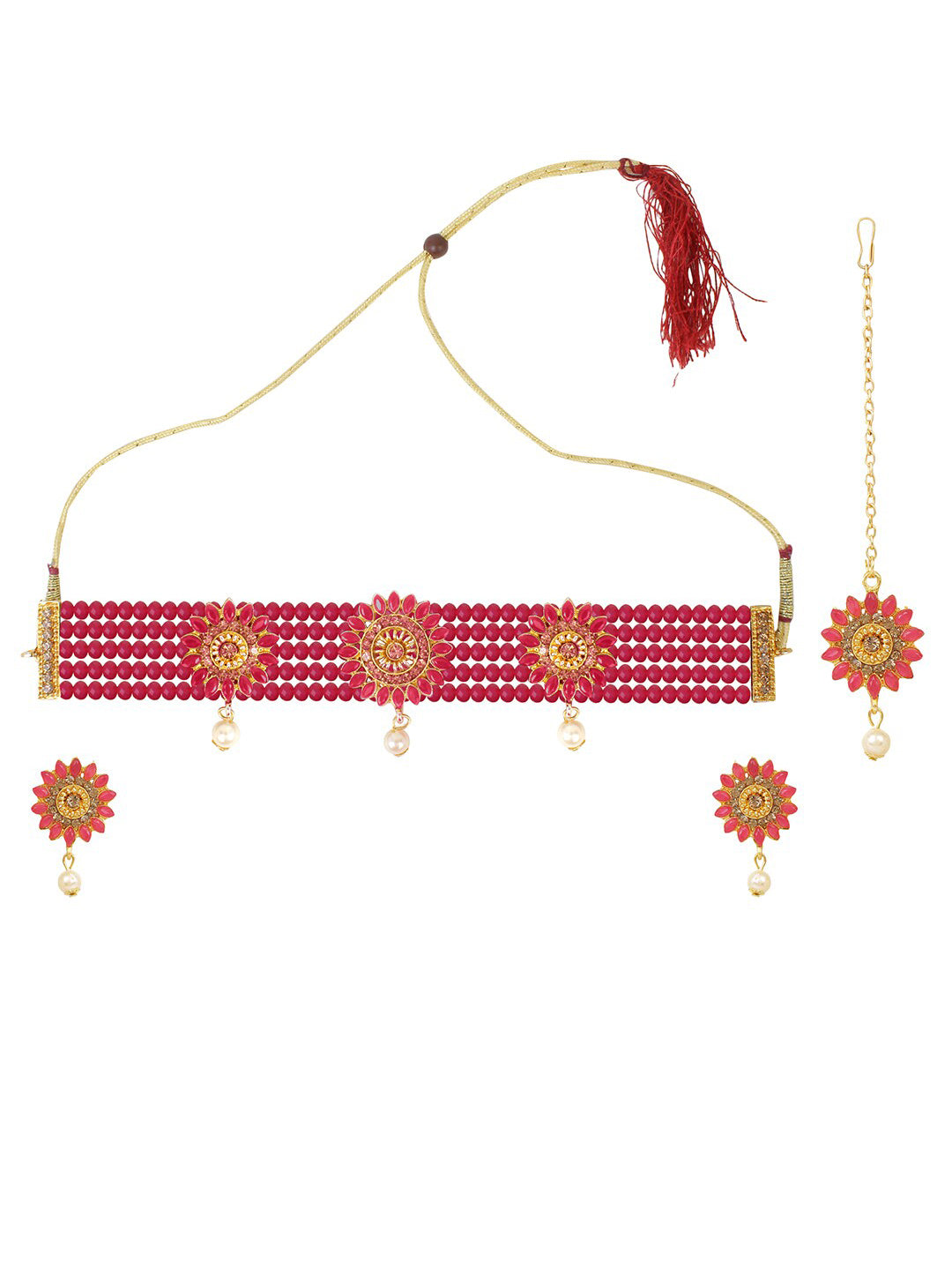 Cardinal Gold-Toned & Pink Onyx-Studded & Beaded Jewellery Set - Swadesiicart