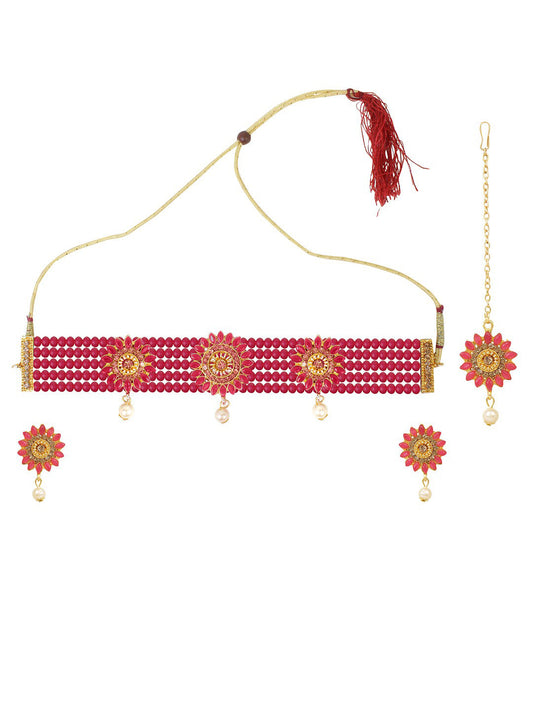 Cardinal Gold-Toned & Pink Onyx-Studded & Beaded Jewellery Set - Swadesiicart