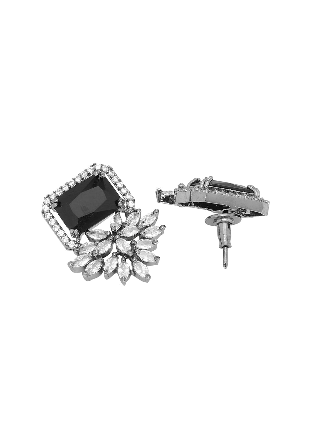 Shoshaa Silver-Plated & Black CZ Studded Contemporary Drop Earrings | Swadesiicart