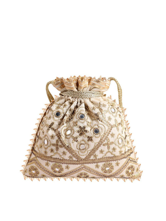Masq Beige Embellished Embroidered Potli Clutch - Swadesiicart