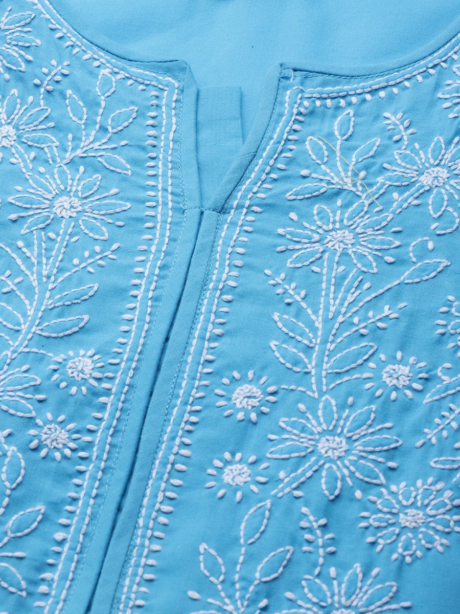 ADA Women Blue & White Pure Cotton Chikankari Embroidered Kurta with Trousers | Swadesiicart