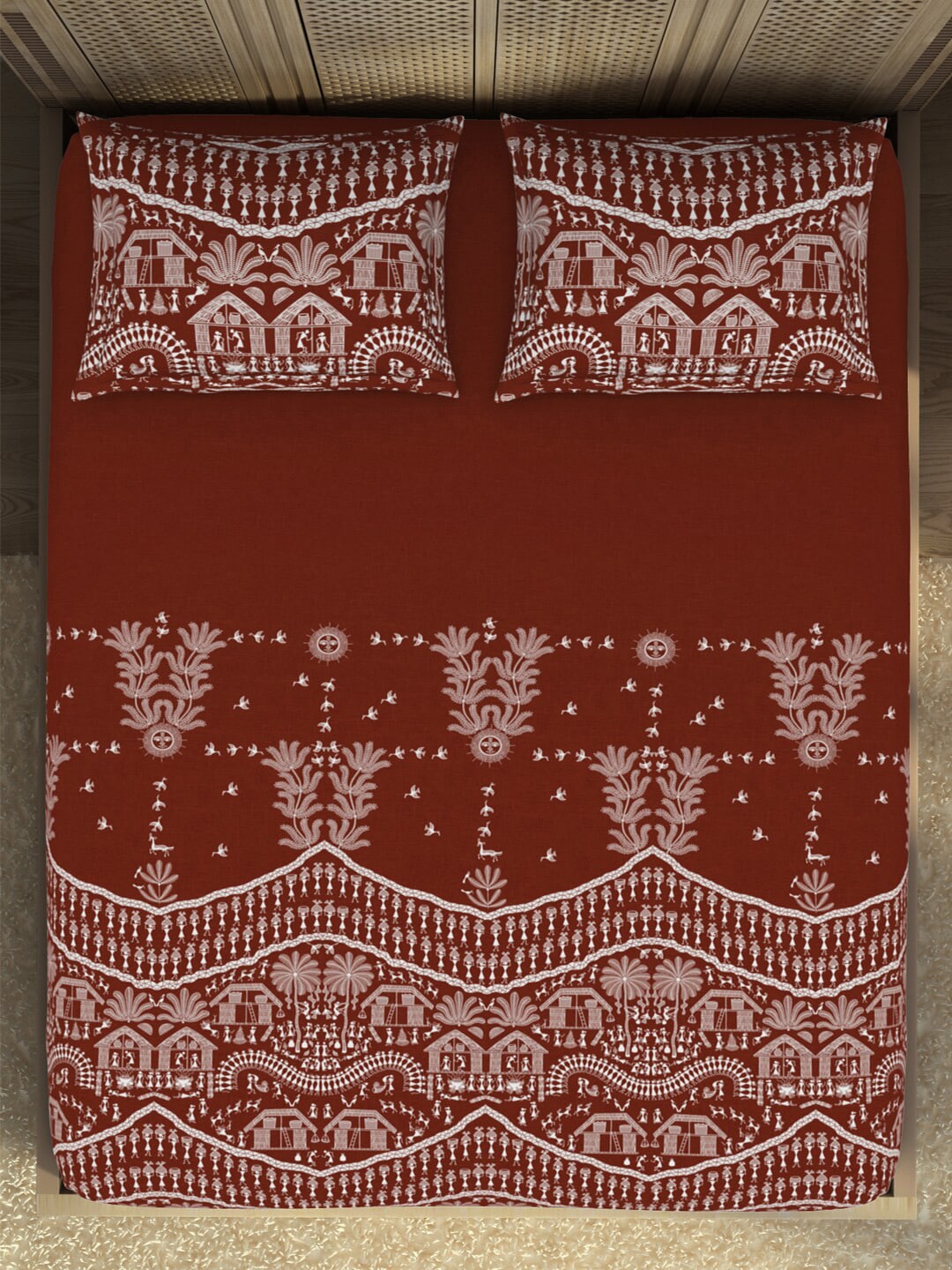 SPACES Warli Orange & White Printed Cotton 210 TC King Bedsheet with 2 Pillow Covers - Swadesiicart