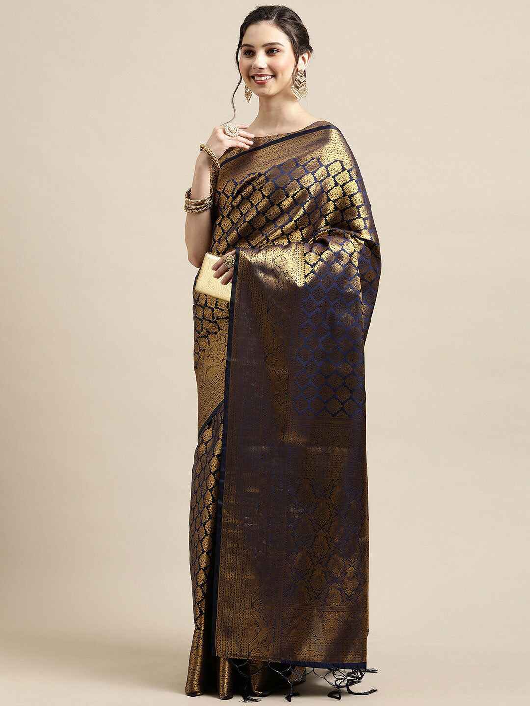 Saree Mall Navy Blue & Gold-Toned Ethnic Motifs Zari Silk Blend Banarasi Saree | Swadesiicart