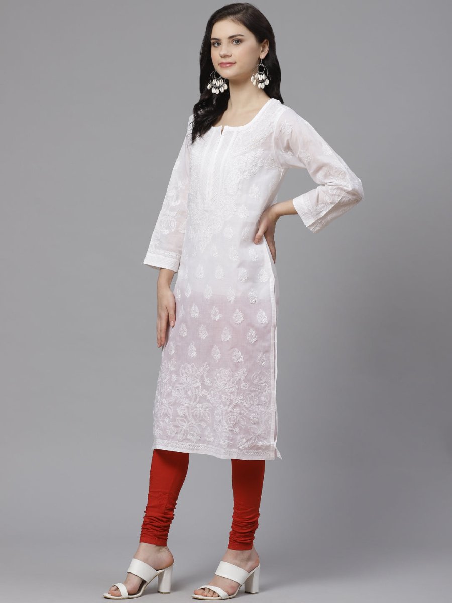 ADA Women White Chikankari Embroidered Sustainable Handloom Kurta with Churidar | Swadesiicart