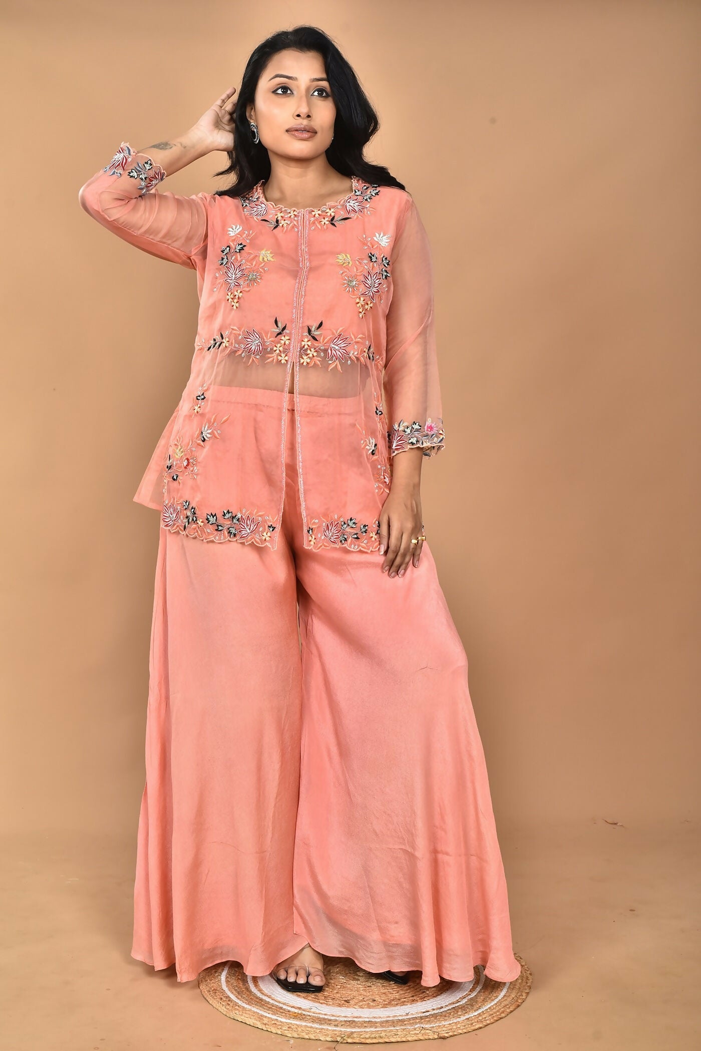 Morchari Women And Hand Embroidery Palazzo Set-Peach - Swadesiicart