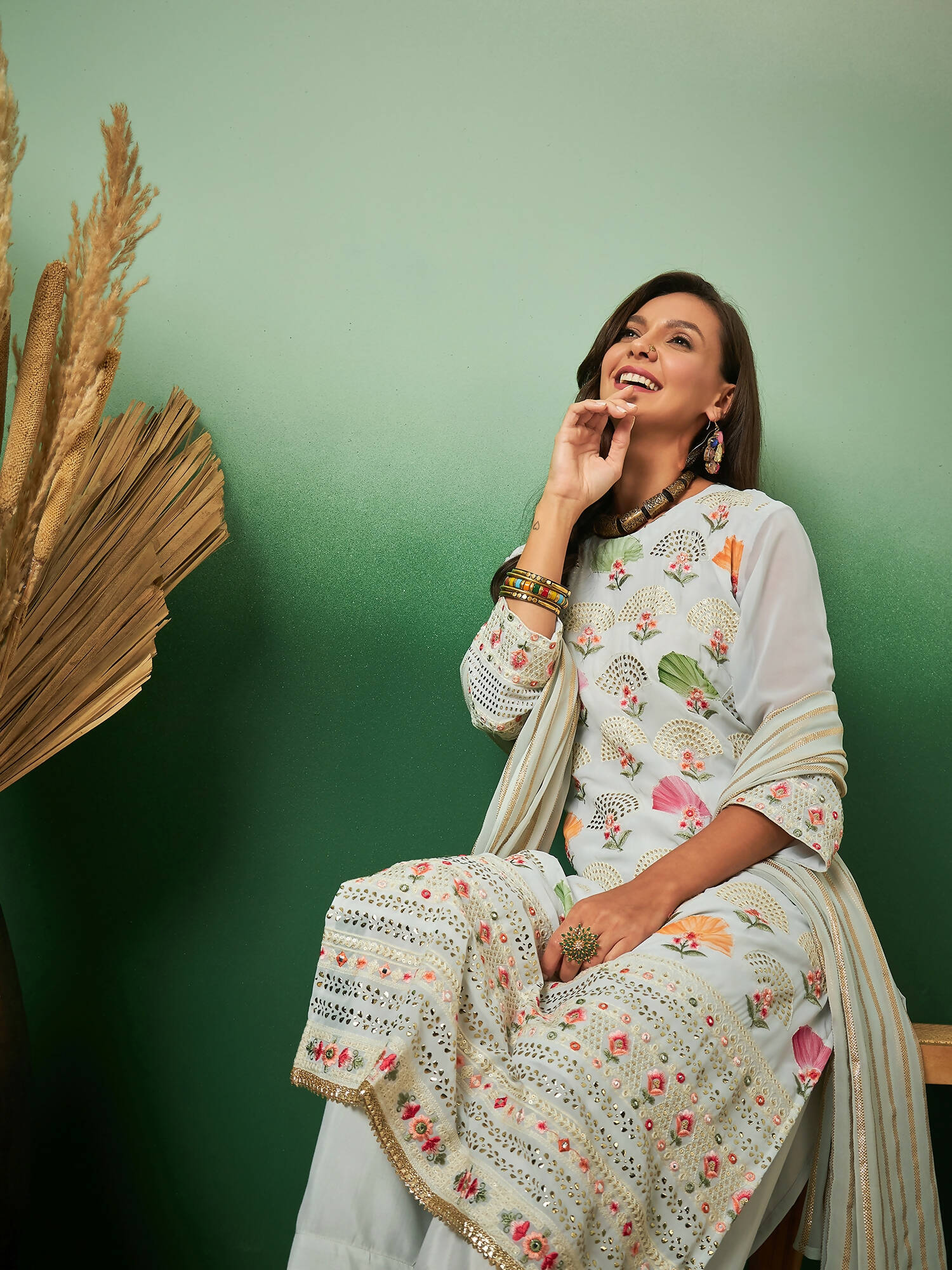 Light Blue Georgette Handwork Unstitched Dress Material - Hanika | Swadesiicart
