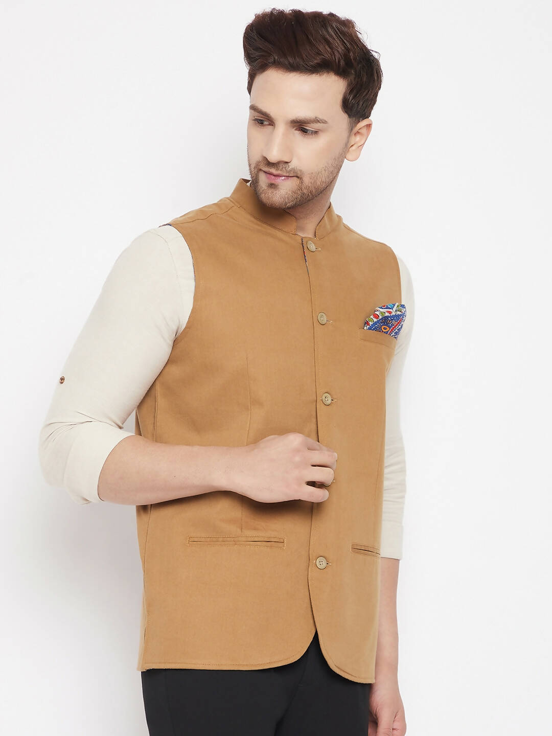Even Apparels Brown Polyester Men's Nehru Jacket-Contrast Lining-Inbuilt Pocket Square | Swadesiicart
