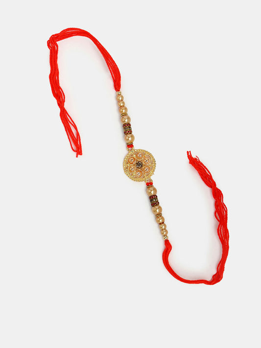 NVR Women & Men Set of 2 Gold-Toned Stone-Studded & Beaded Bhaiya Bhabi Rakhi With Roli Chawal | Swadesiicart