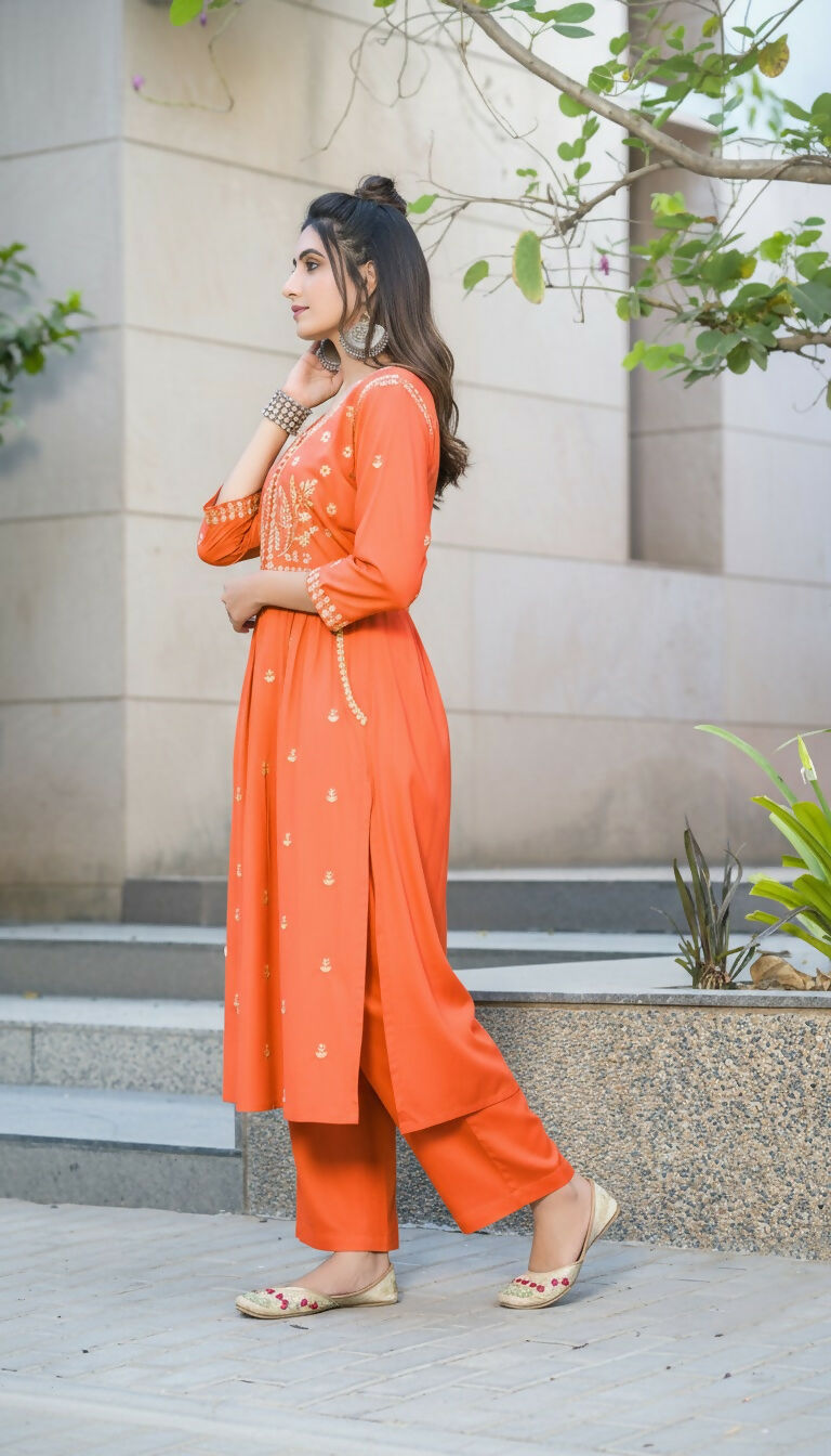 BulBul Meenaxi Rust Rayon Kurta Set - Swadesiicart