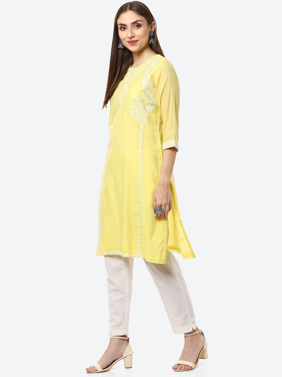 Biba Women Yellow Ethnic Motifs Embroidered Chikankari Kurta | Swadesiicart