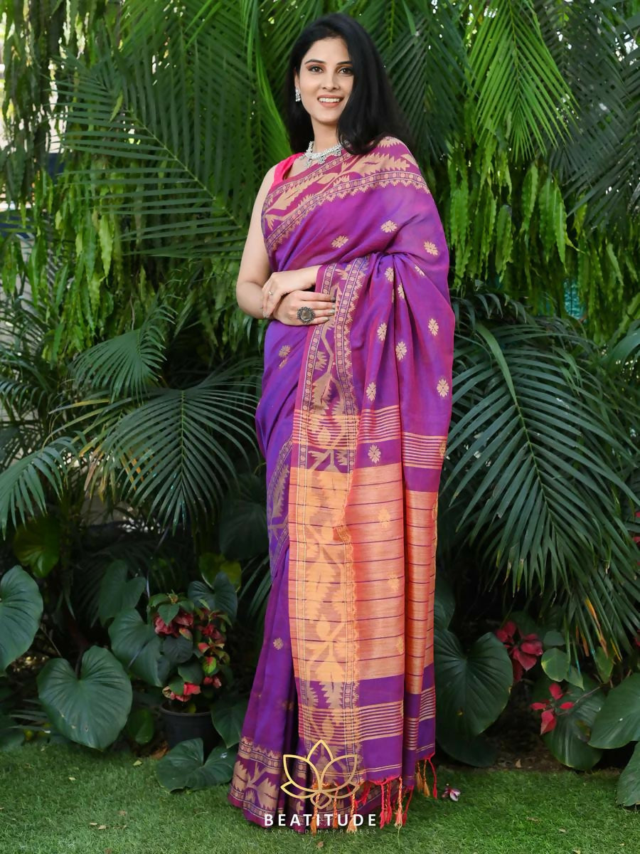 Exclusive Collection Beautiful Violet Pure Cotton Woven Handloom Saree With Running Blouse Piece - Swadesiicart