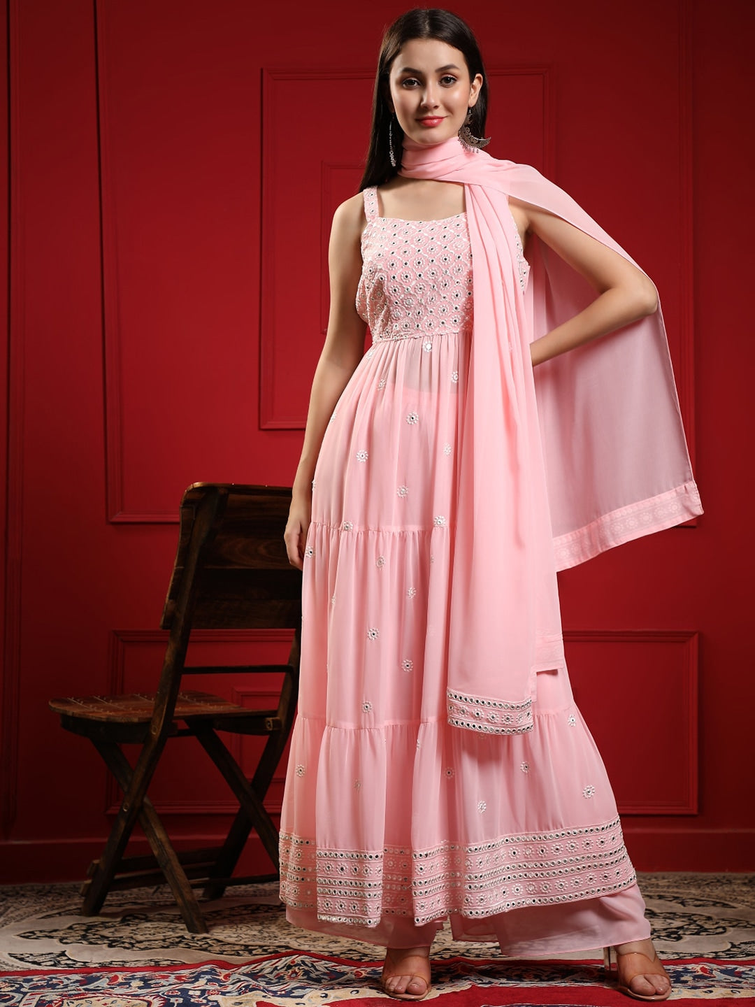 Kalini Women Pink Floral Embroidered Pleated Mirror Work Kurta with Sharara & With Dupatta | Swadesiicart