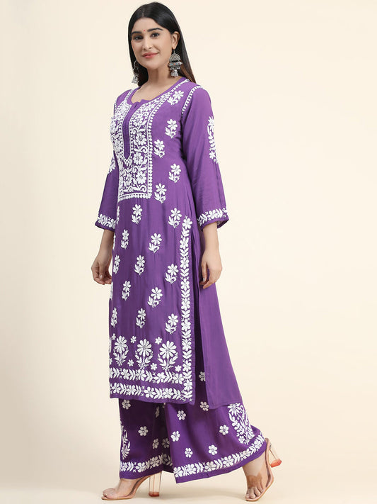 HOUSE OF KARI Women Purple Floral Embroidered Chikankari Pure Cotton Kurta with Palazzos | Swadesiicart