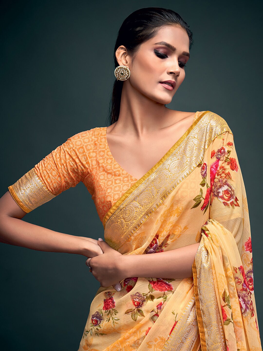 Saree Mall Yellow & Gold-Toned Floral Pure Georgette Banarasi Saree | Swadesiicart