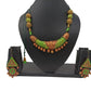 Terracotta Light Green and Gold Tribal Theme Necklace Set with Ear Hangings