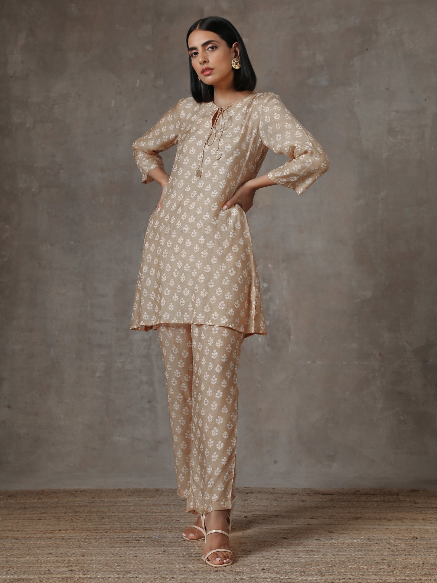 trueBrowns Beige White Printed Silk Co-Ord Set - Swadesiicart