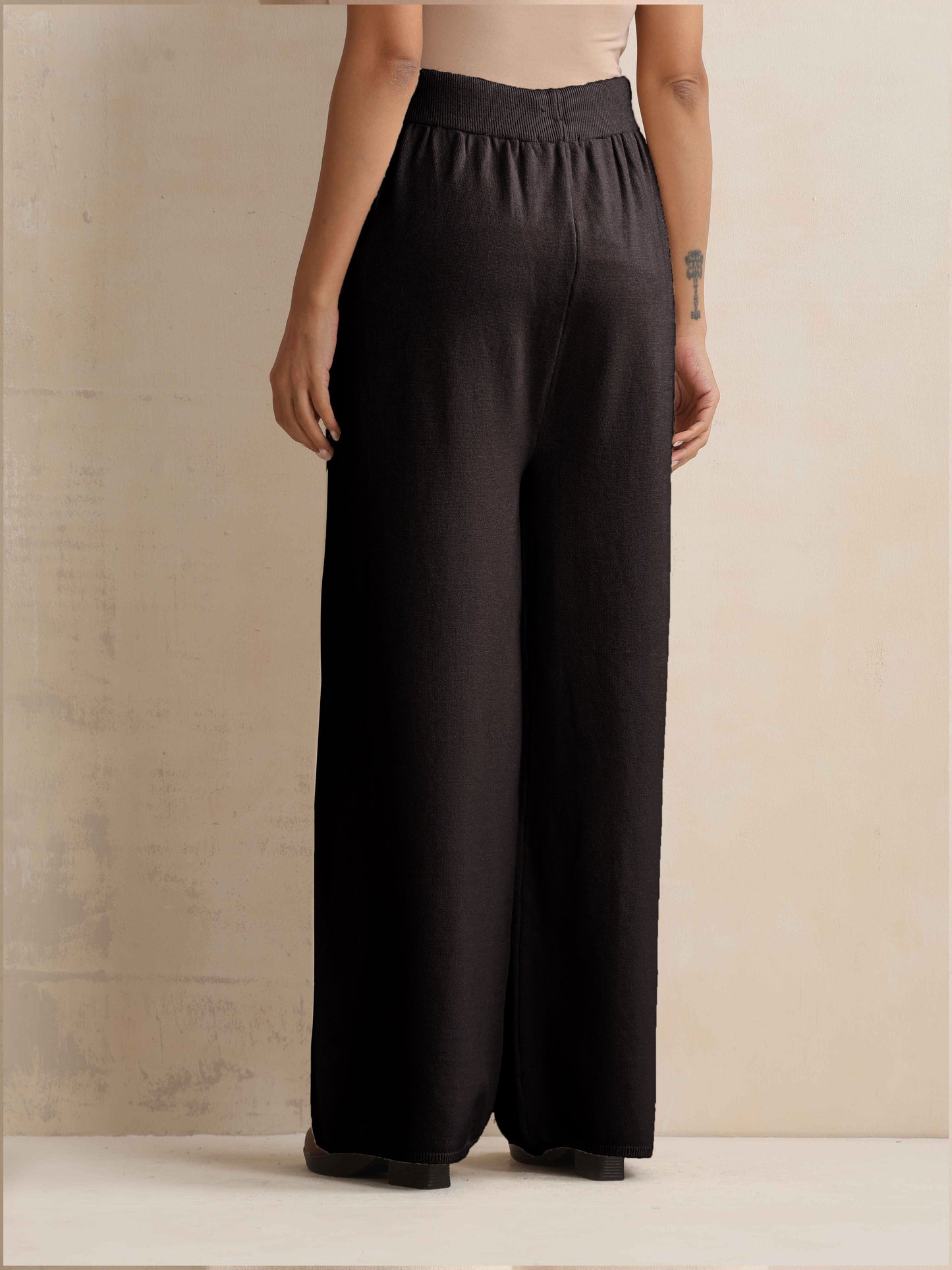 trueBrowns Black Woollen Flared Pants | Swadesiicart