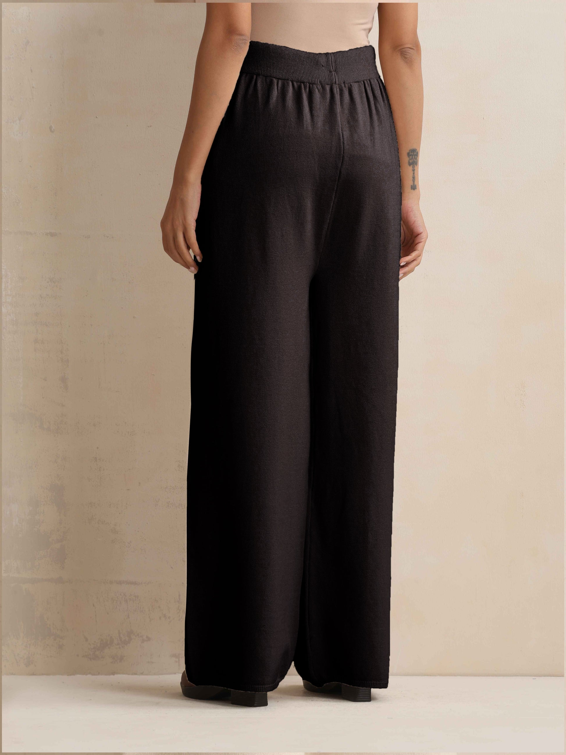 trueBrowns Black Woollen Flared Pants | Swadesiicart