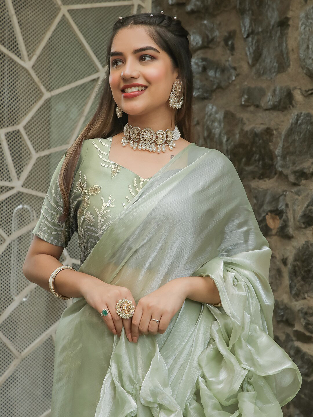 Tikhi Imli Embellished Sequinned Ruffled Ready to Wear Satin Saree | Swadesiicart