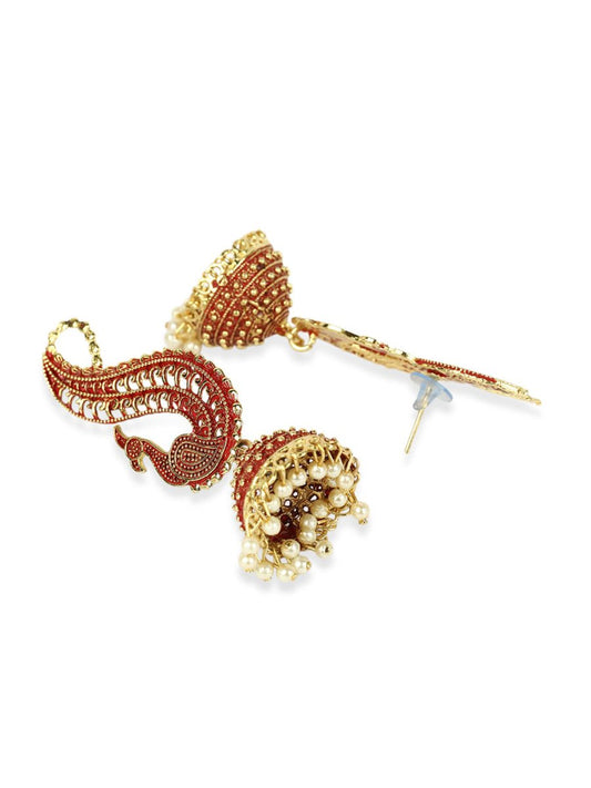 Anikas Creation Red & Gold-Polished Peacock Shaped Jhumkas - Swadesiicart