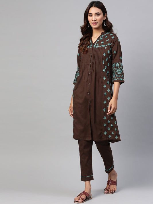 ADA Women Brown & Green Chikankari Embroidered Handloom Kurta with Trousers | Swadesiicart
