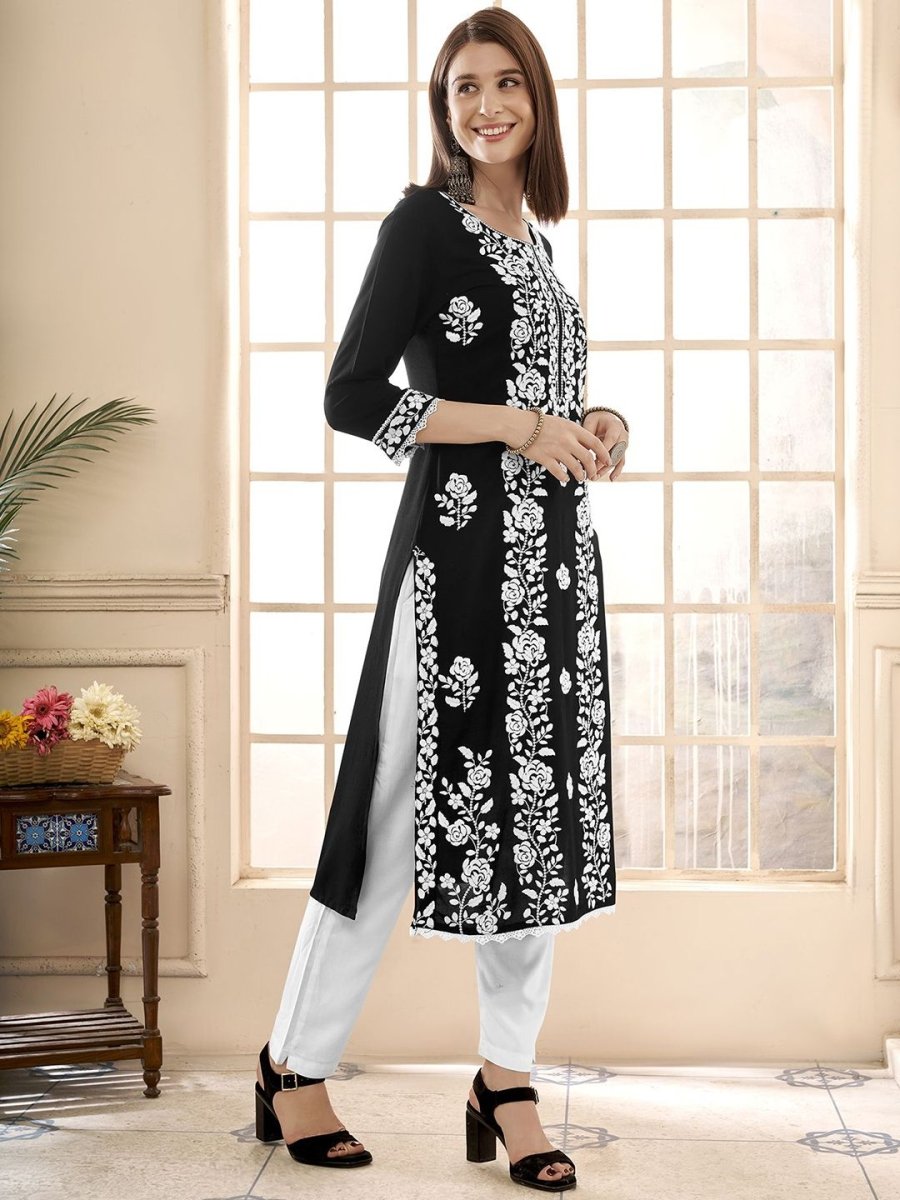 Anouk Floral Embroidered Round Neck Chikankari Straight Kurta | Swadesiicart
