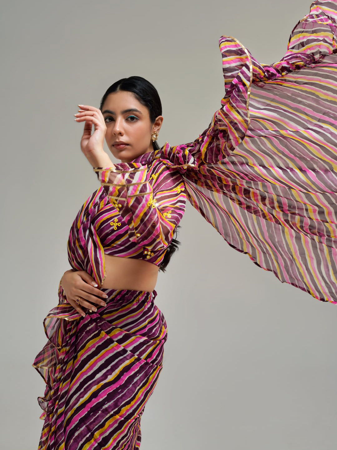 Tikhi Imli Brown Striped Ruffled Ready To Wear Saree | Swadesiicart