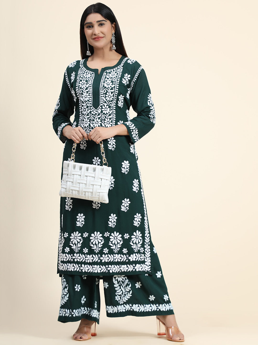 HOUSE OF KARI Women Green Floral Embroidered Chikankari Kurta with Palazzos | Swadesiicart