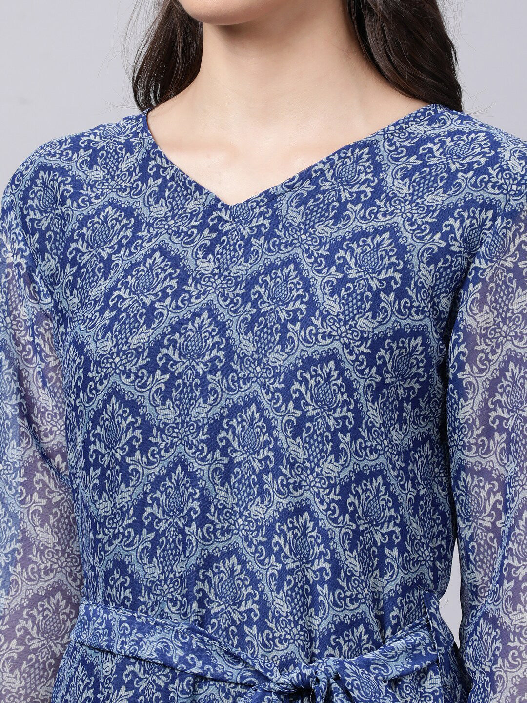 Souchii Blue Ethnic Motifs Printed Chiffon Maxi Tiered Dress - Swadesiicart