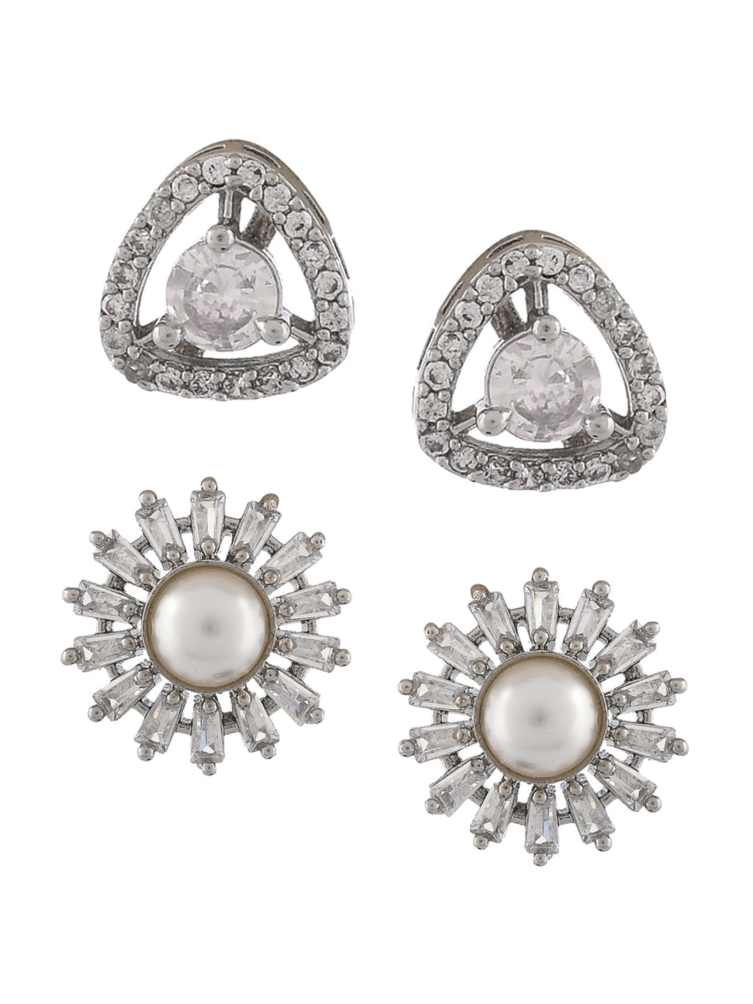 Shoshaa Set of 2 Silver-Toned Ad Stones Contemporary Studs Earrings - Swadesiicart
