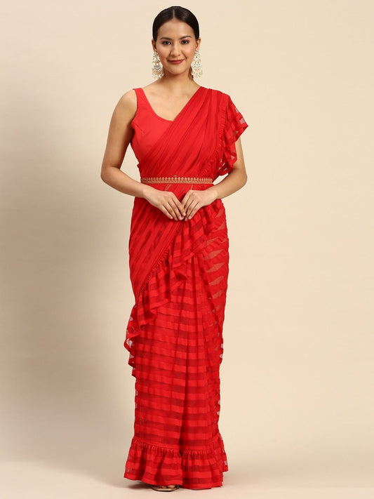 Ahalyaa Striped Net Ready To Wear Saree | Swadesiicart