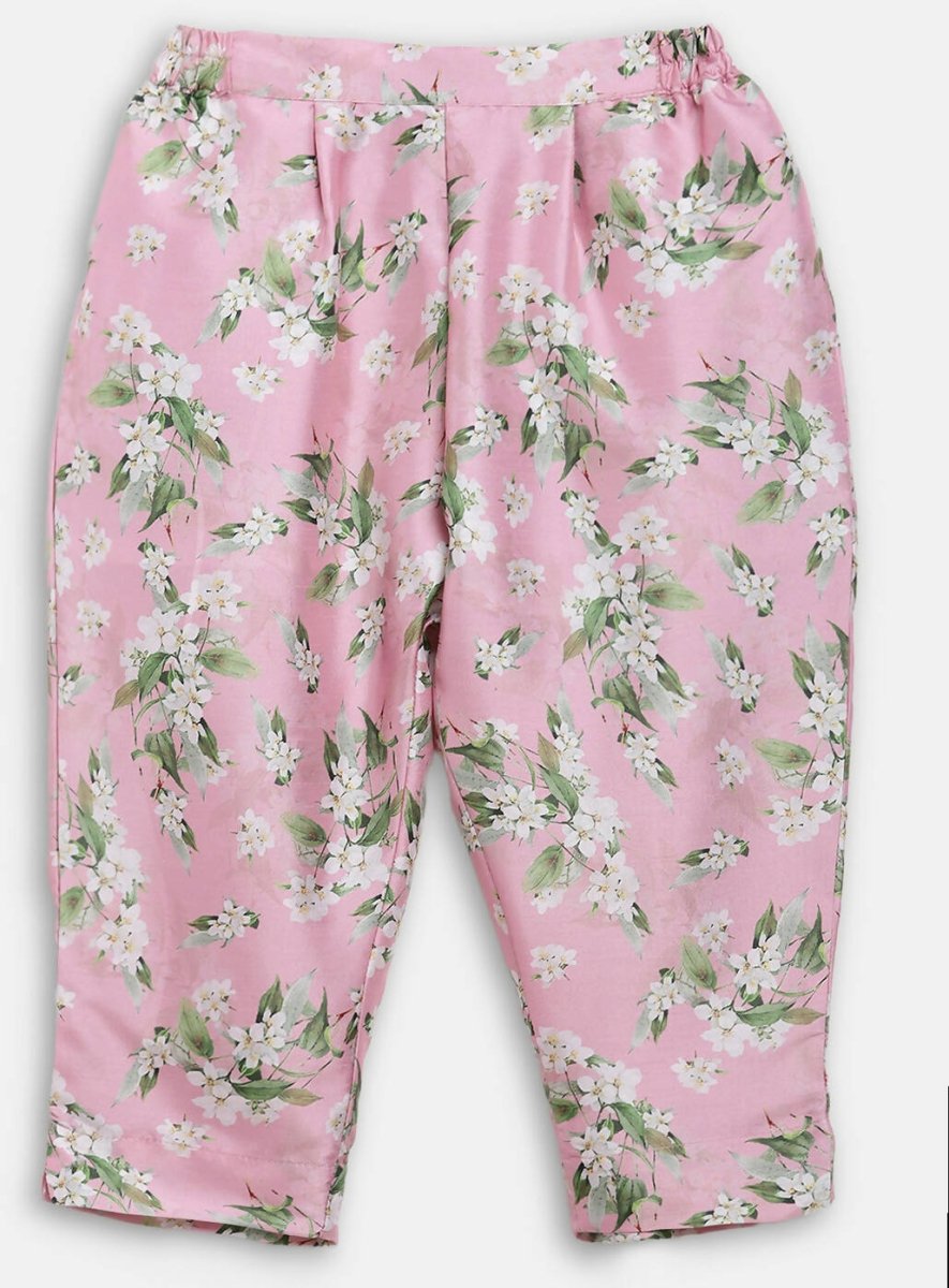 Ahalyaa Pink Poly Silk Solid Kids Kurta with Printed Pant Set For Girls | Swadesiicart