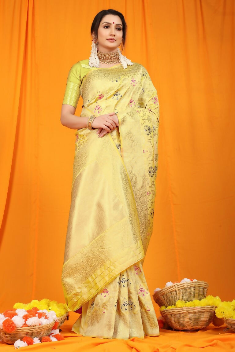Jyoti Fashion Women's Cream Kanjivaram Silk Zari Woven Saree with Blouse | Swadesiicart