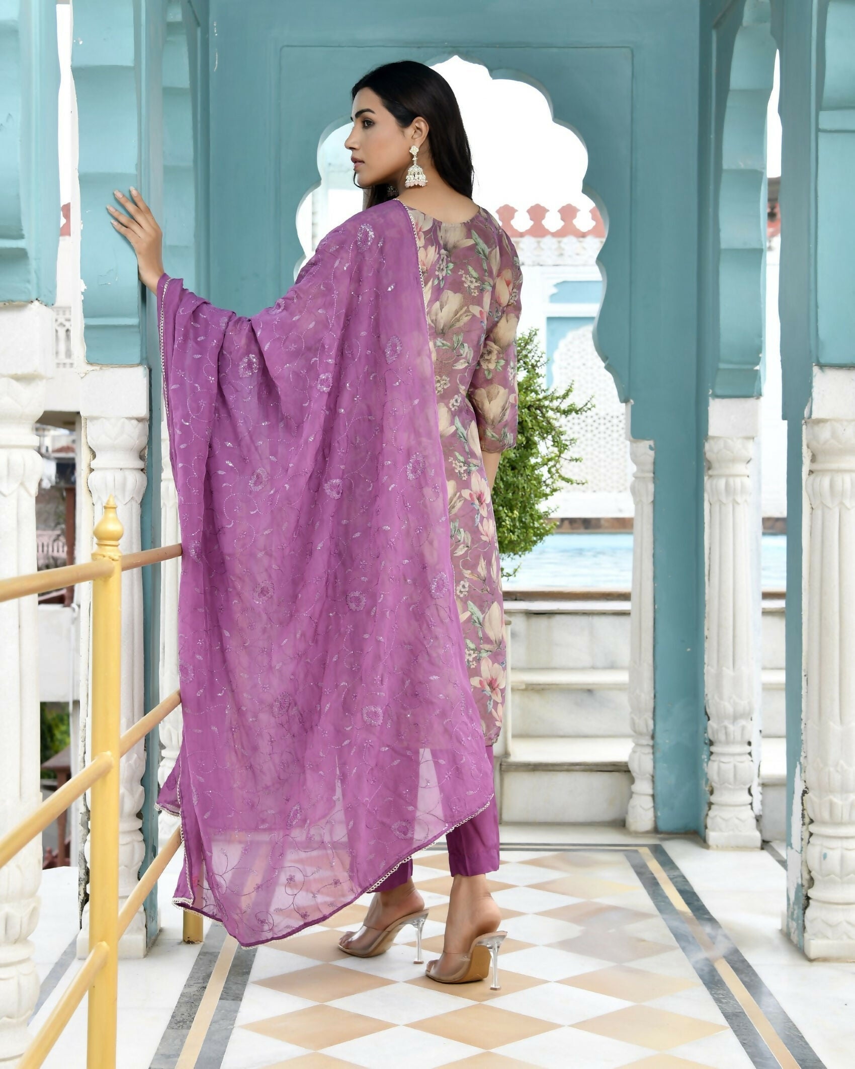Vaasva Women's Purple Tissue Embroidered Suit Set With Solid Pant And Embroidered Dupatta | Swadesiicart