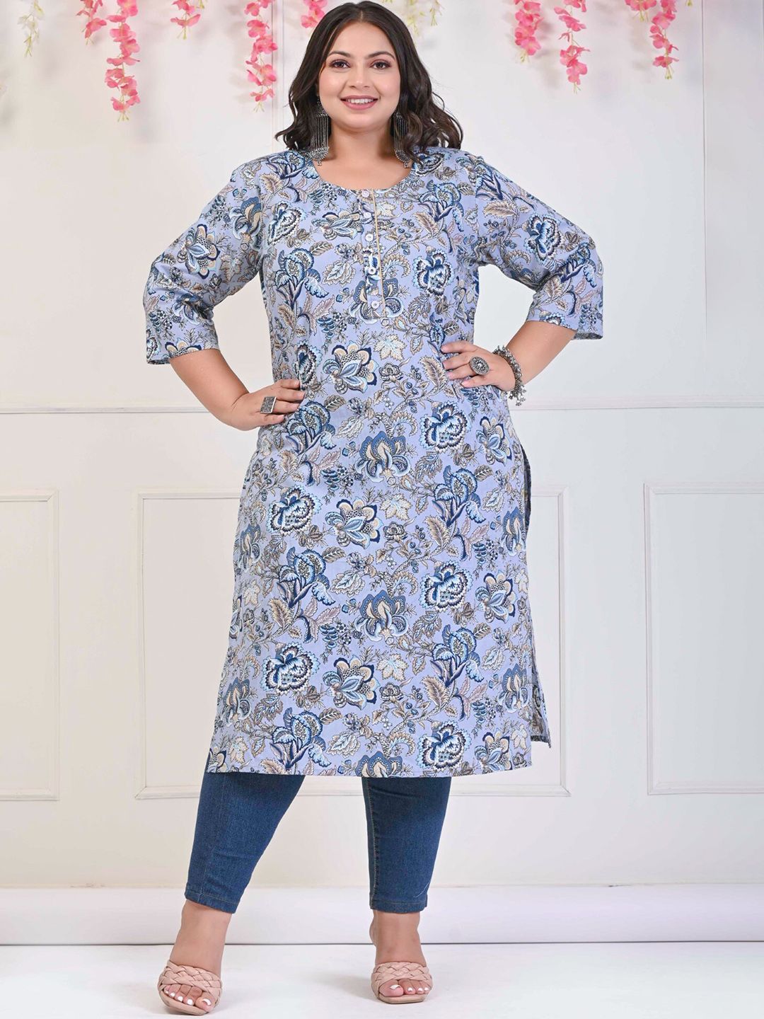 Swasti Plus Size Floral Printed Pure Cotton Kurta - Swadesiicart