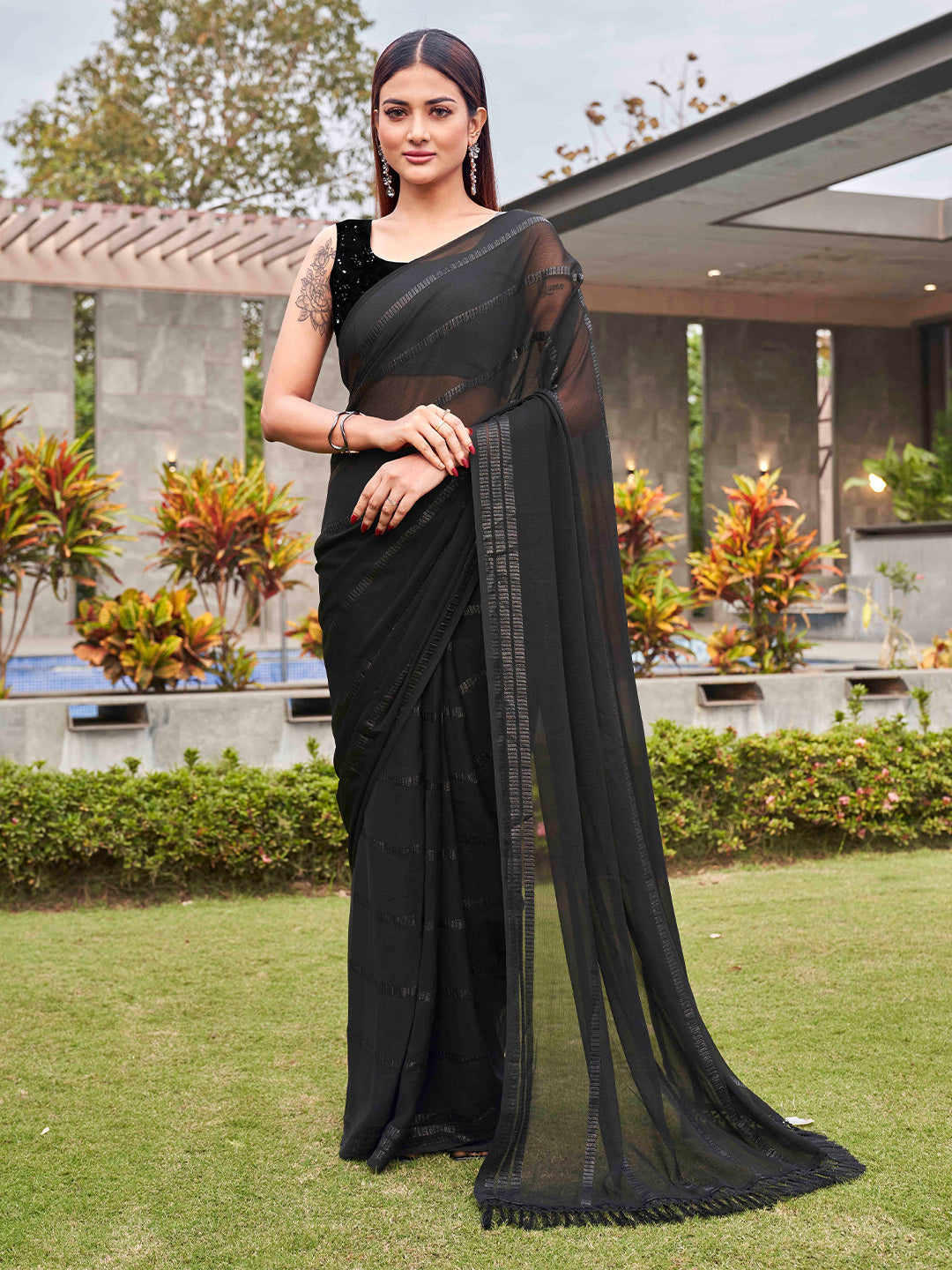 Tikhi Imli Black Striped Sequinned Saree | Swadesiicart
