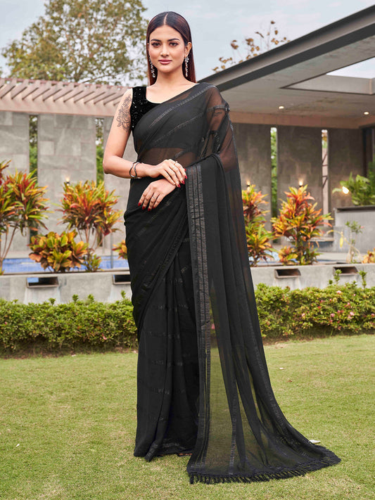 Tikhi Imli Black Striped Sequinned Saree | Swadesiicart