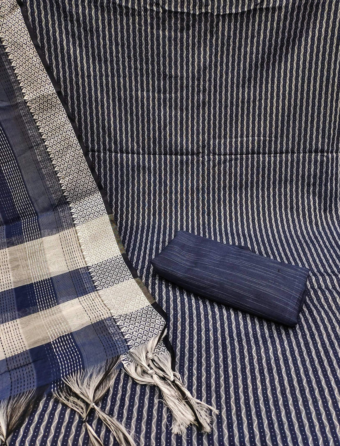 Blue Cotton Jacquard Woven Unstitched Dress Material - Amara